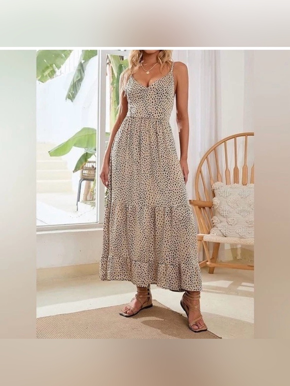 Cupshe Ayana Spaghetti Strap Lace Up Leopard Print Beige Black Maxi Dress Size L